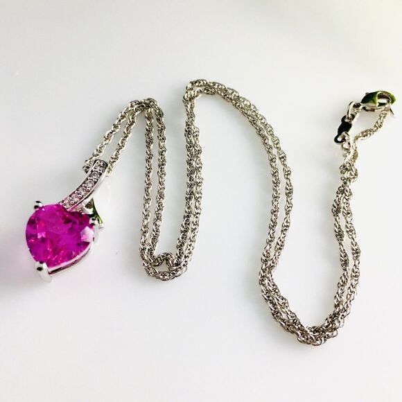 HN Heng Ngai Necklace Pendant Cancer Ribbon Pink Heart CZ Silver Vintage 4410 - Picture 1 of 6